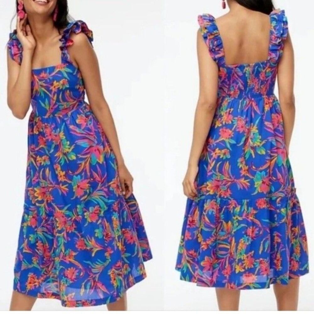 J.Crew Tiered Smocked Midi Dress Tropical Floral Multicolor Milkmaid Ruffle 10P